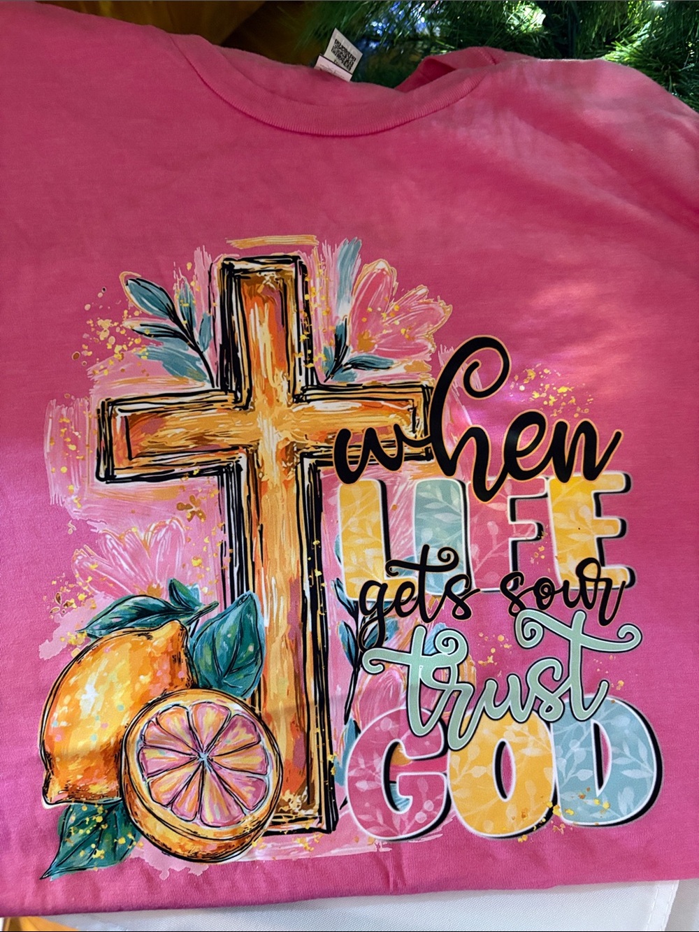 Girl's Pink Faith Graphic Tee with Cross & Lemon Design